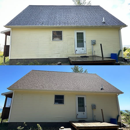 Before and after roof washing on a home in the michaywe community gaylord mi